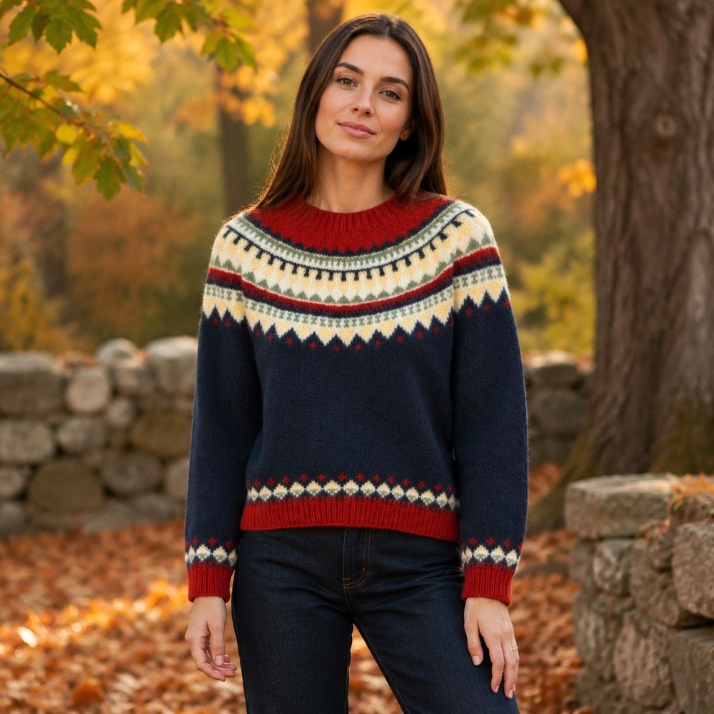 Eddie Bauer Womens 100% Wool Fair Isle Yoke Pullover Sweater Navy Red Small